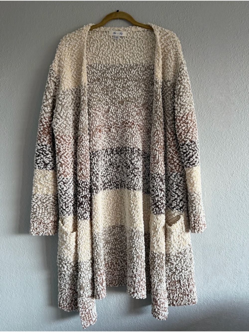 She + Sky M/L Popcorn Knit Long Cardigan Sweater Neutral Colorblock Open Front
